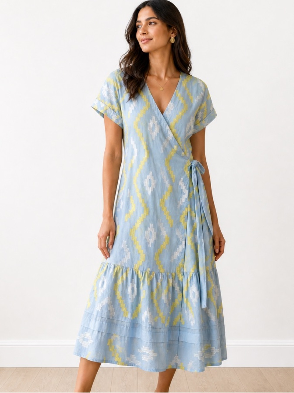 Greek Archaic Kori Wrap MidiDress Ikat Print Embroidery XS